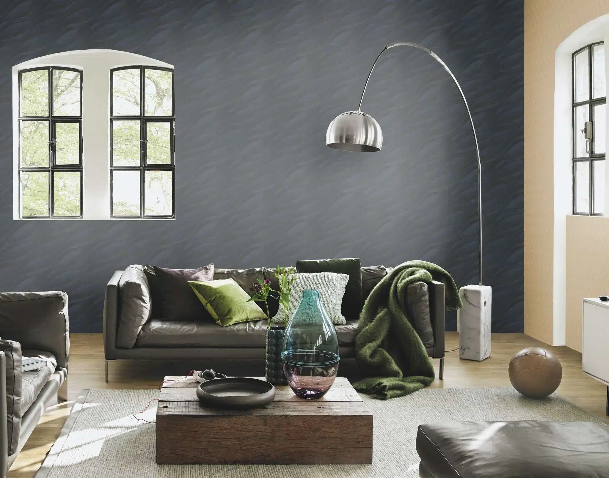 Blue non-woven backed vinyl wallpaper with graphical motifs