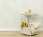 Non-woven beige vinyl wallpaper with straight match pattern