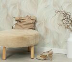 Non-woven turquoise wallpaper with patterned motifs