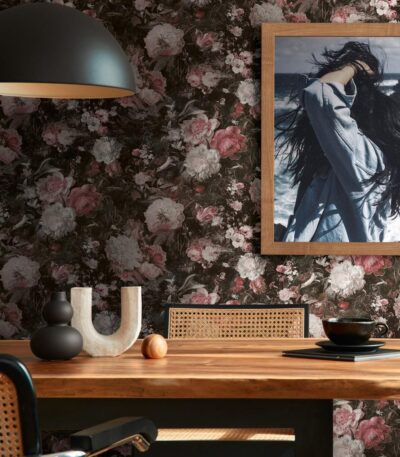 Black non-woven vinyl wallpaper with offset pattern