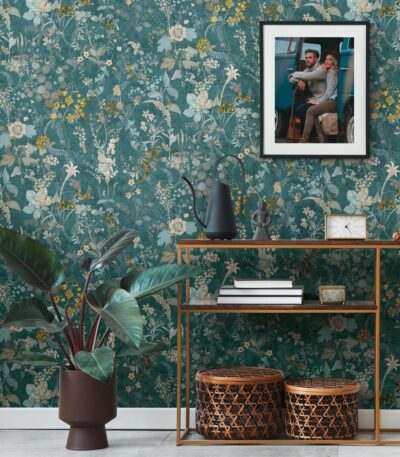 Petrol non-woven vinyl wallpaper with offset pattern