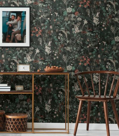 Black non-woven vinyl wallpaper with modern pattern