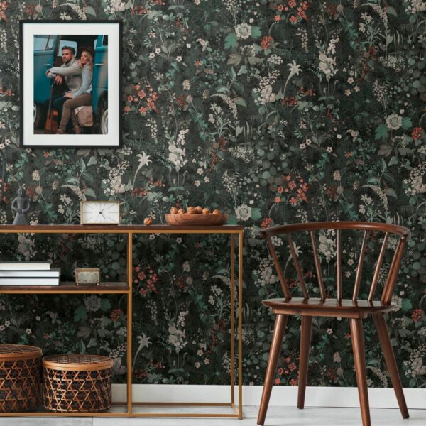 Black non-woven vinyl wallpaper with modern pattern