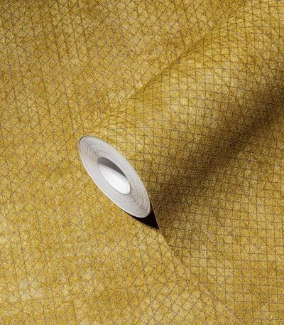 Yellow non-woven vinyl wallpaper with offset pattern
