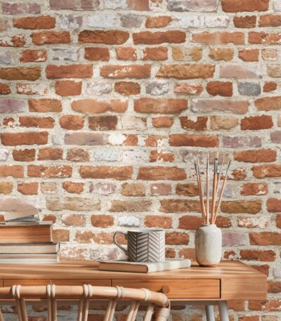 Red non-woven vinyl wallpaper with offset pattern