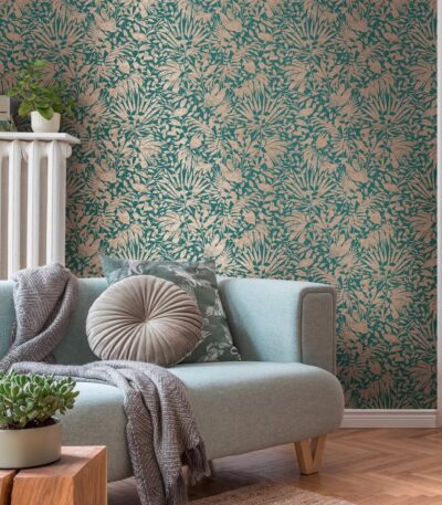 Green non-woven vinyl wallpaper with subtle pattern