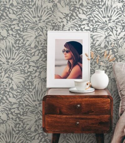 Gray non-woven vinyl wallpaper with straight pattern