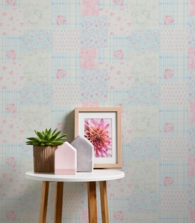 Blue non-woven wallpaper with straight match pattern