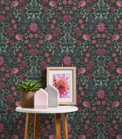 Black non-woven vinyl wallpaper with straight match design