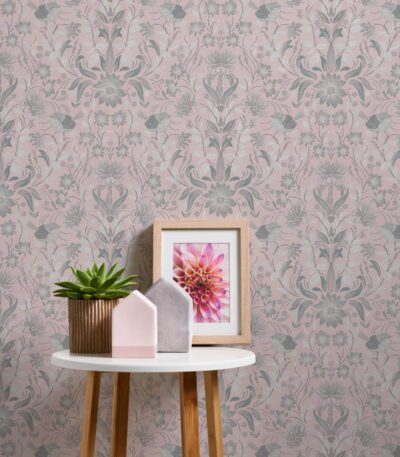 Pink non-woven vinyl wallpaper with straight match pattern