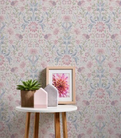 Pink non-woven vinyl wallpaper with straight match