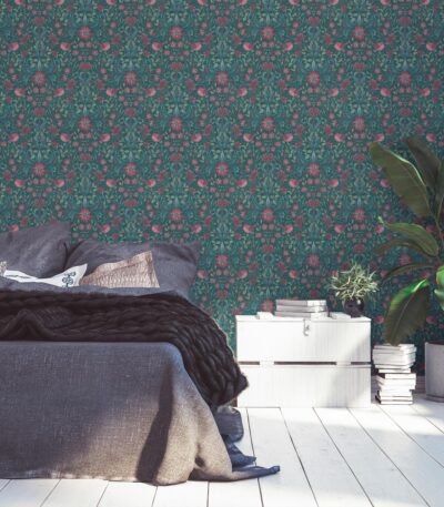 Dark green non-woven vinyl wallpaper with straight match