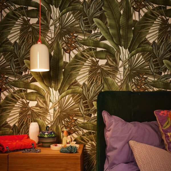 Green non-woven vinyl wallpaper with nature-inspired design