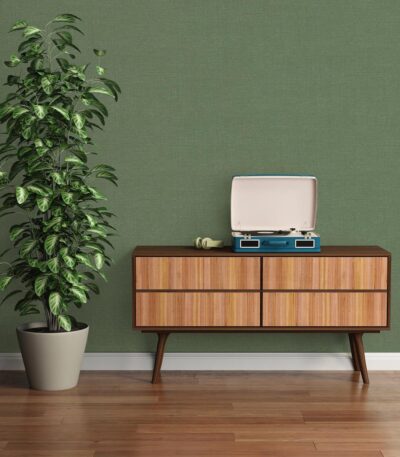 Green non-woven vinyl wallpaper with botanical design