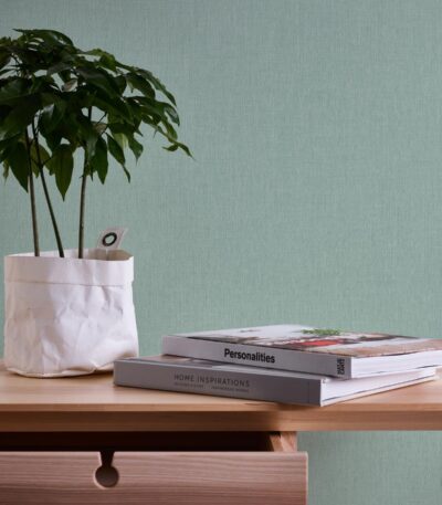 Green non-woven vinyl wallpaper with natural design