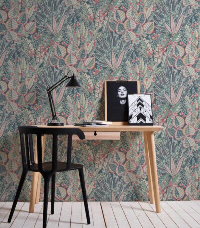 Blue non-woven vinyl wallpaper with elegant pattern