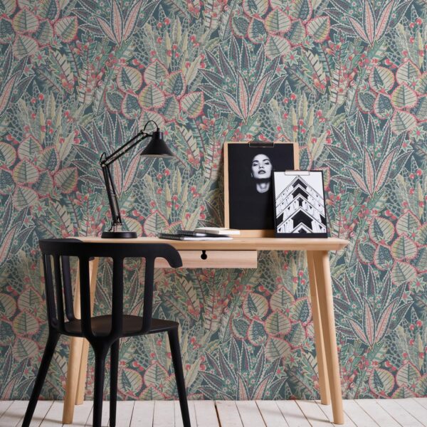 Blue non-woven vinyl wallpaper with elegant pattern