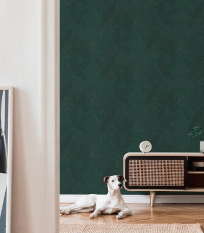 Green non-woven vinyl wallpaper with natural pattern