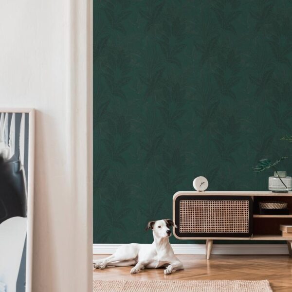 Green non-woven vinyl wallpaper with natural pattern