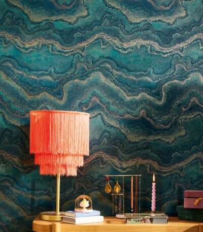 Green non-woven vinyl wallpaper with nature-inspired design