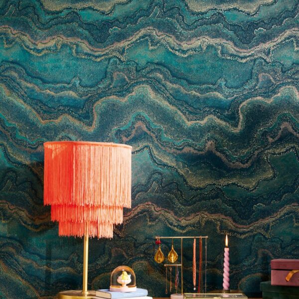 Green non-woven vinyl wallpaper with nature-inspired design