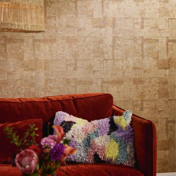 Gold non-woven vinyl wallpaper with elegant pattern