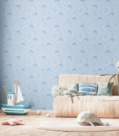 Blue non-woven vinyl wallpaper with straight match pattern