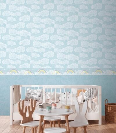 Blue non-woven vinyl wallpaper with floral pattern