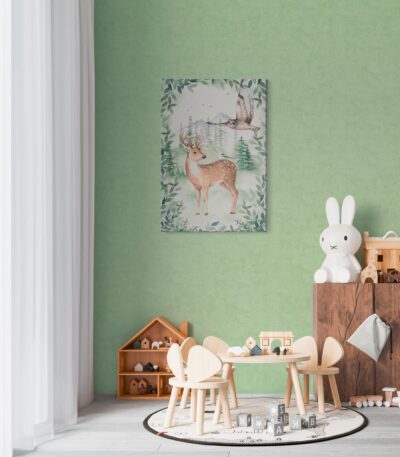 Green non-woven vinyl wallpaper with botanical pattern