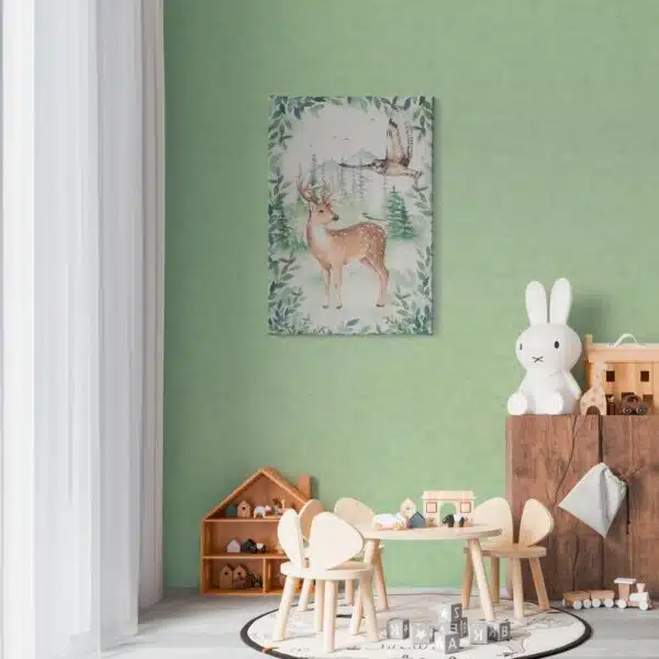 Green non-woven vinyl wallpaper with botanical pattern