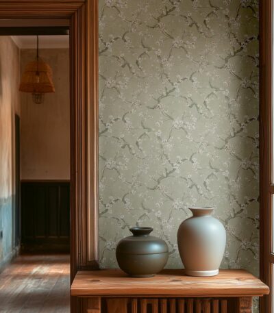 Green non-woven wallpaper with vinyl surface