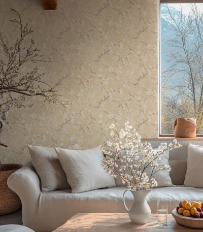 Beige non-woven vinyl wallpaper with subtle pattern