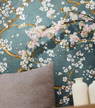 Blue non-woven wallpaper with vinyl surface