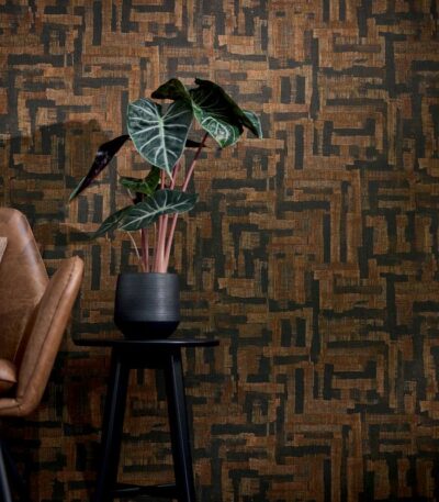 Brown non-woven vinyl wallpaper with urban pattern
