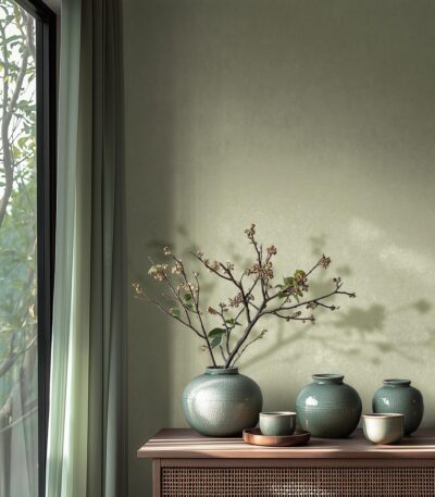 Green non-woven wallpaper with free match design