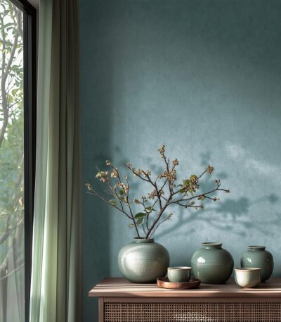 Blue non-woven wallpaper with vinyl surface