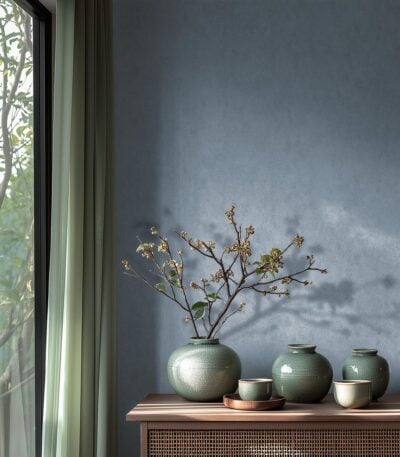 Blue non-woven vinyl wallpaper with free match design