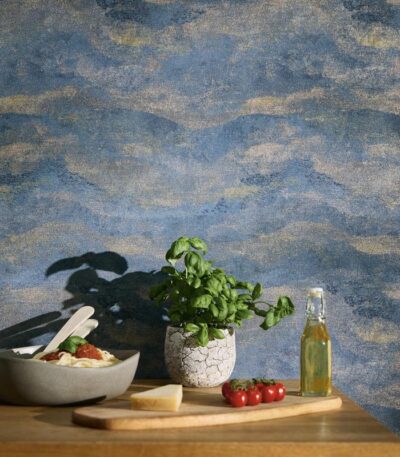Blue non-woven vinyl wallpaper with straight match design