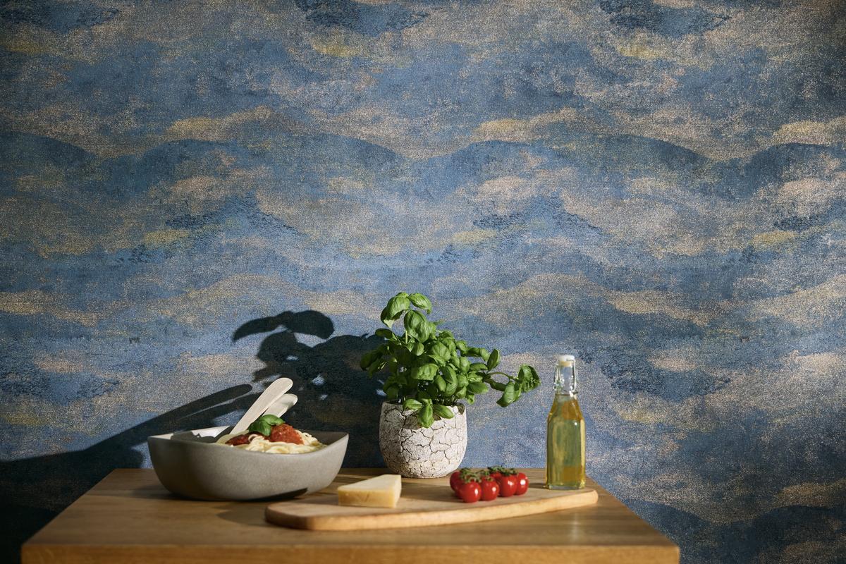 786561_1 Blue non-woven vinyl wallpaper with straight match design