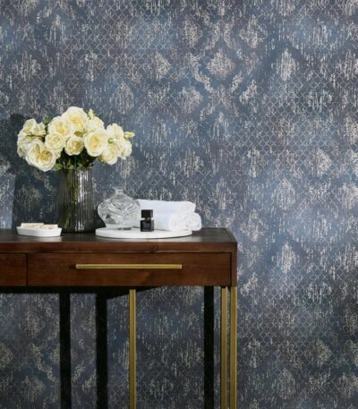 Blue non-woven vinyl wallpaper with offset pattern
