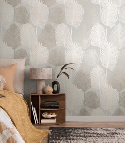 Grey non-woven vinyl wallpaper with straight match