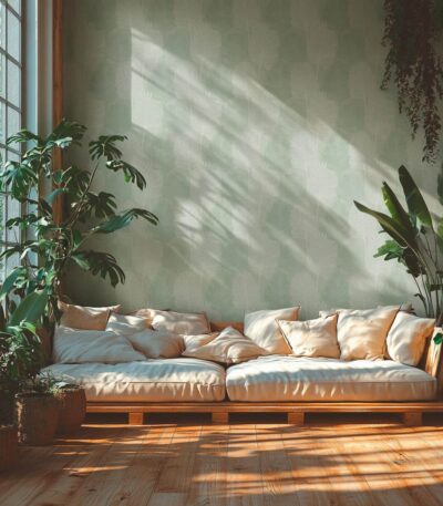 Green non-woven vinyl wallpaper with straight match design