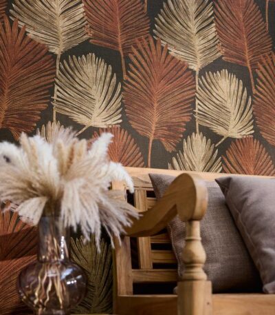 Brown non-woven wallpaper with straight match pattern