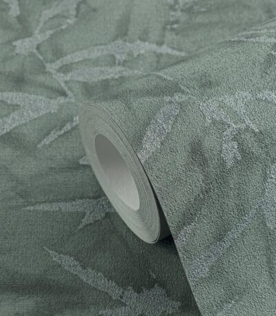 Green non-woven vinyl wallpaper with offset pattern
