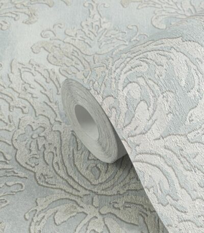 Blue non-woven wallpaper with straight match pattern